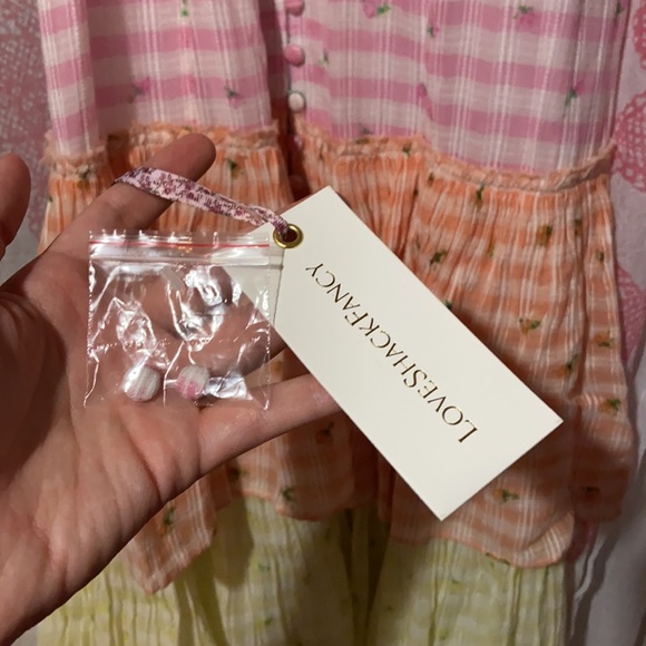 LoveShackFancy plaid tiered midi dress with pink, orange and yellow rosebuds - Picture 8 of 8